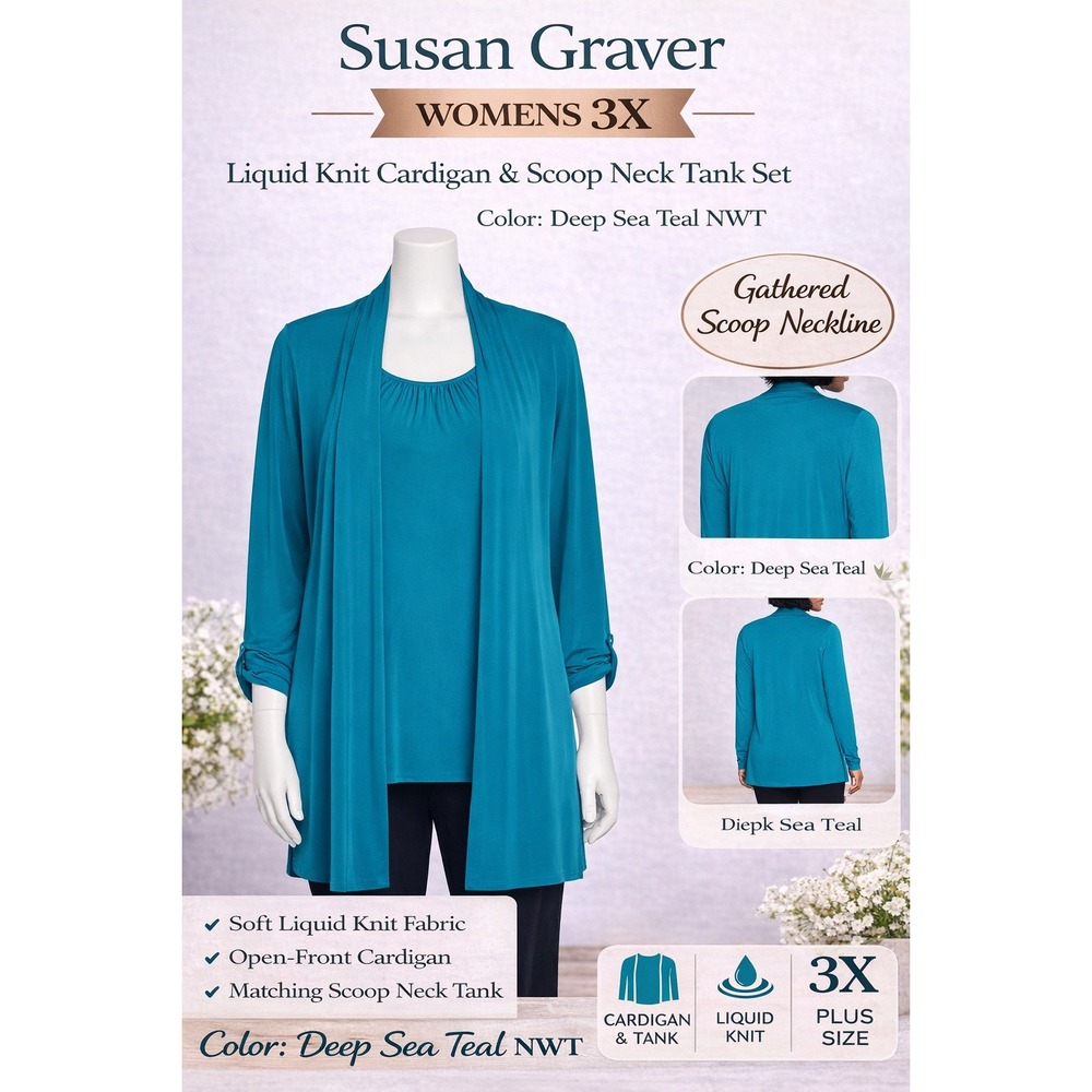 Susan Graver Womens 3X Liquid Knit Cardigan & Scoop Neck‎ Tank Set Deep Sea Teal